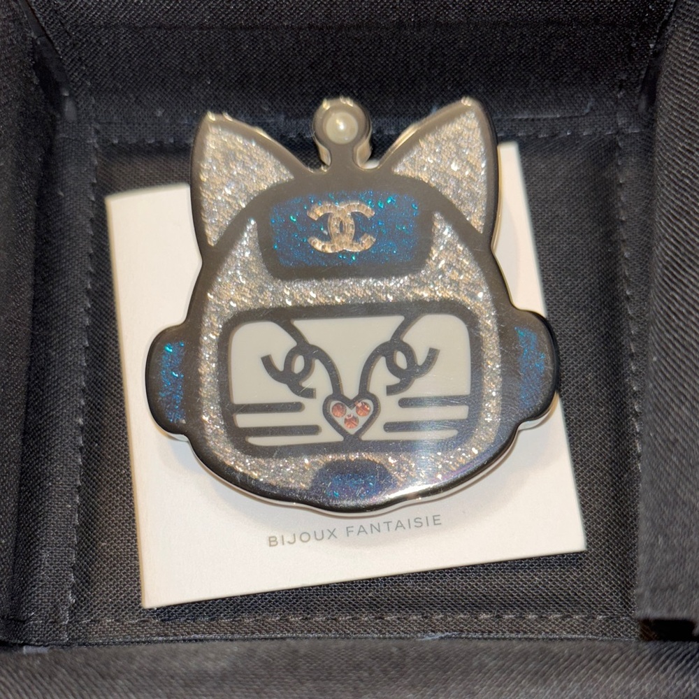 CHANEL Cat Brooch with Silver and Blue Details